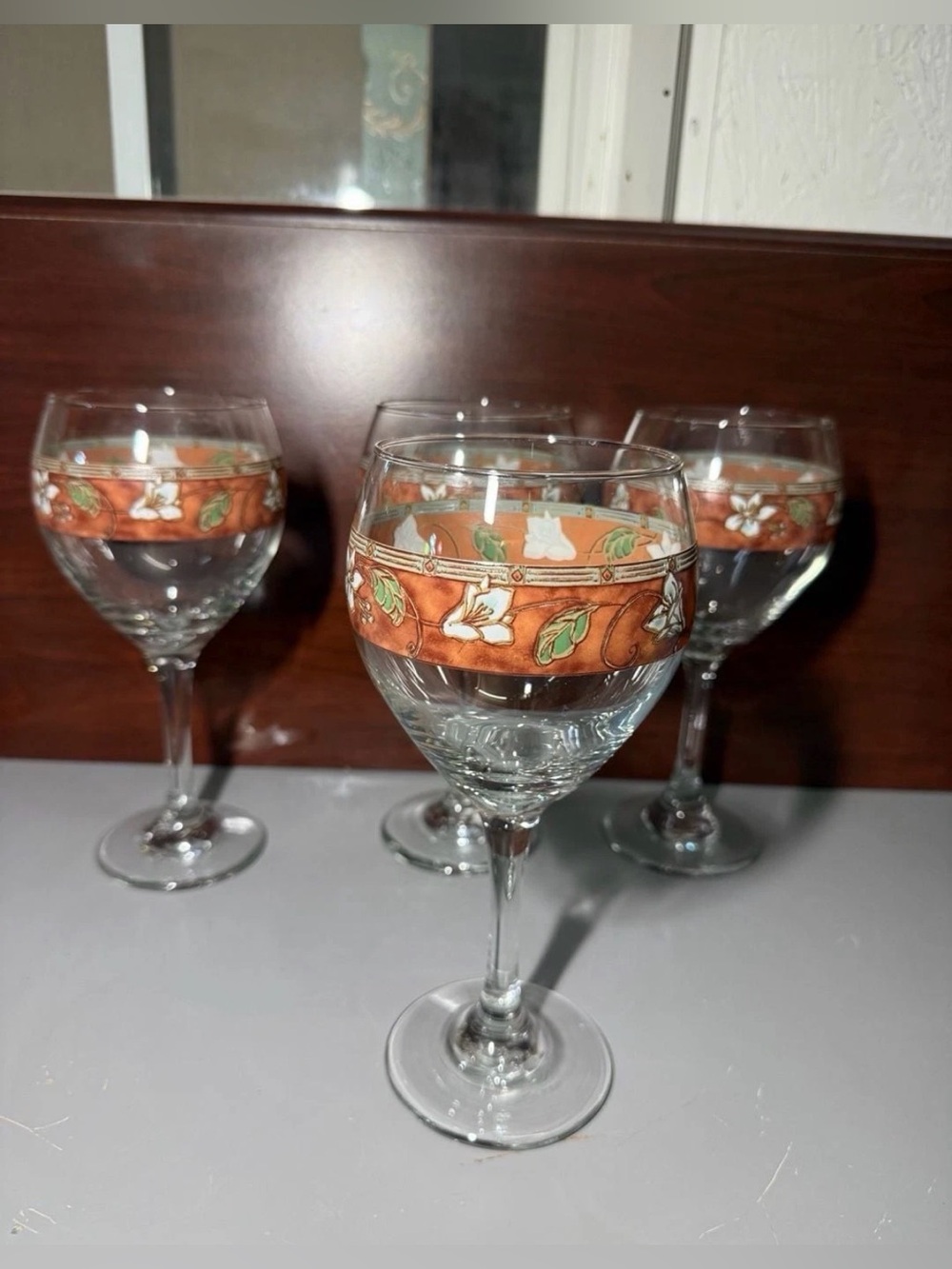 Set of 4 Floral Stemmed Wine Glasses Orange Green White